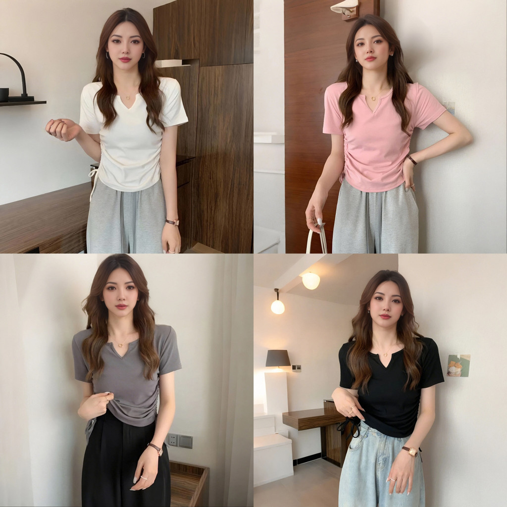 เสื้อยืดคอวีสั้นทรงสวยพร้อมส่ง แขนสั้นดีไซน์เรียบ รูดข้างได้ เหมาะสำหรับการแต่งตัวที่ทันสมัยและสบาย