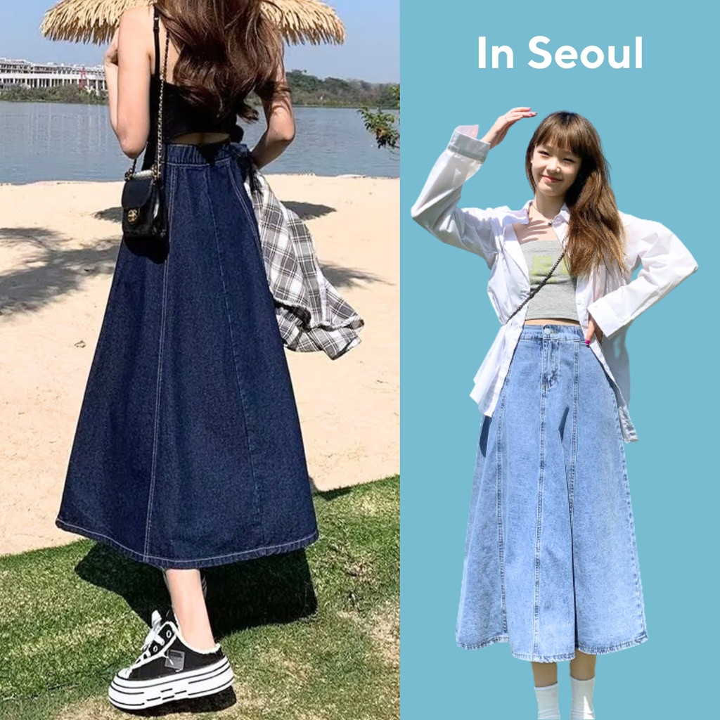 Korean กระโปรงยีนส์ยาว แฟชั่นทรงบาน แต่งตะเข็บหน้า 2 สี หลังสม็อคยืด
