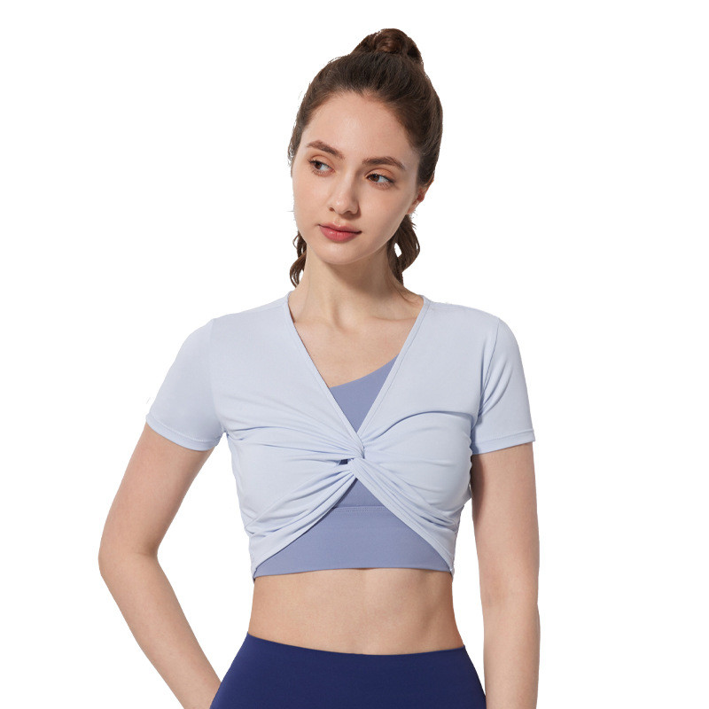 กีฬา Top k0309 Twist-knot Vคอกีฬาแขนสั้นสําหรับผู้หญิงเสื้อยืดSlim-FitโยคะTop Jade V领jimunกีฬาแขนสั้