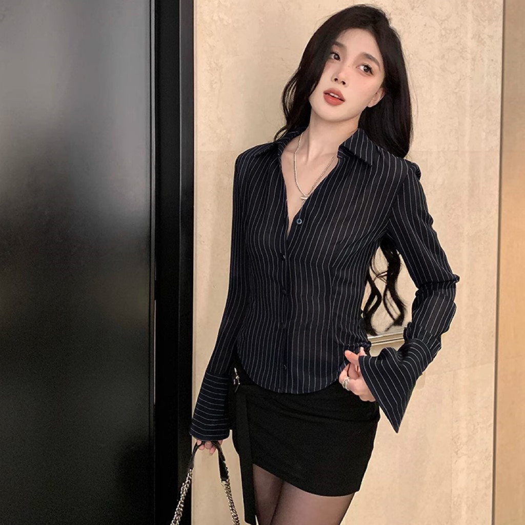 ขเสื้อเชิ้ตลายทางแบบบางสไตล์เกาหลีสําหรับผู้หญิง แขนยาวโปโลคอปกหัวเข็มขัดด้านหลัง