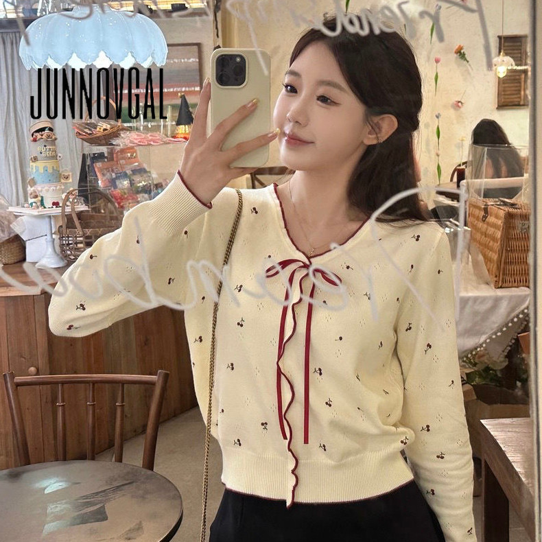 Junnovgal เสื้อคาร์ดิแกนผู้หญิงถักพิมพ์ 2024 Casual Bowknot สไตล์ใหม่แขนยาว