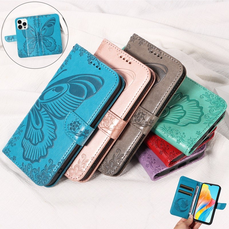สําหรับ OPPO A60 A38 A18 A58 A98 A79 A78 A17 A17K A16 A16s A15 A15s A54 A55 A5s A7 A3s A74 A12e C1 A57 A77s A96 A76 ผีเสื้อนูนหนังพลิกเคสแม่เหล็กขาตั้งกระเป๋าสตางค์โทรศัพท์