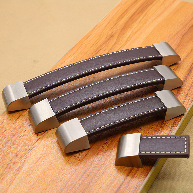 Simple Modern Square cabinet Handle Black BROWN Leather DRAWER Handle cabinet knobs and handles