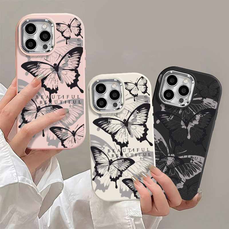 Creative Advanced Overloppingผีเสื้อเคสโทรศัพท์สําหรับIPhone 11 12 13 14 15 16 Pro Max XR X/XS Max 7 8 Plus SE2022 โลหะขนาดใหญ่รูกระจกกรอบซิลิโคนSoft Shell