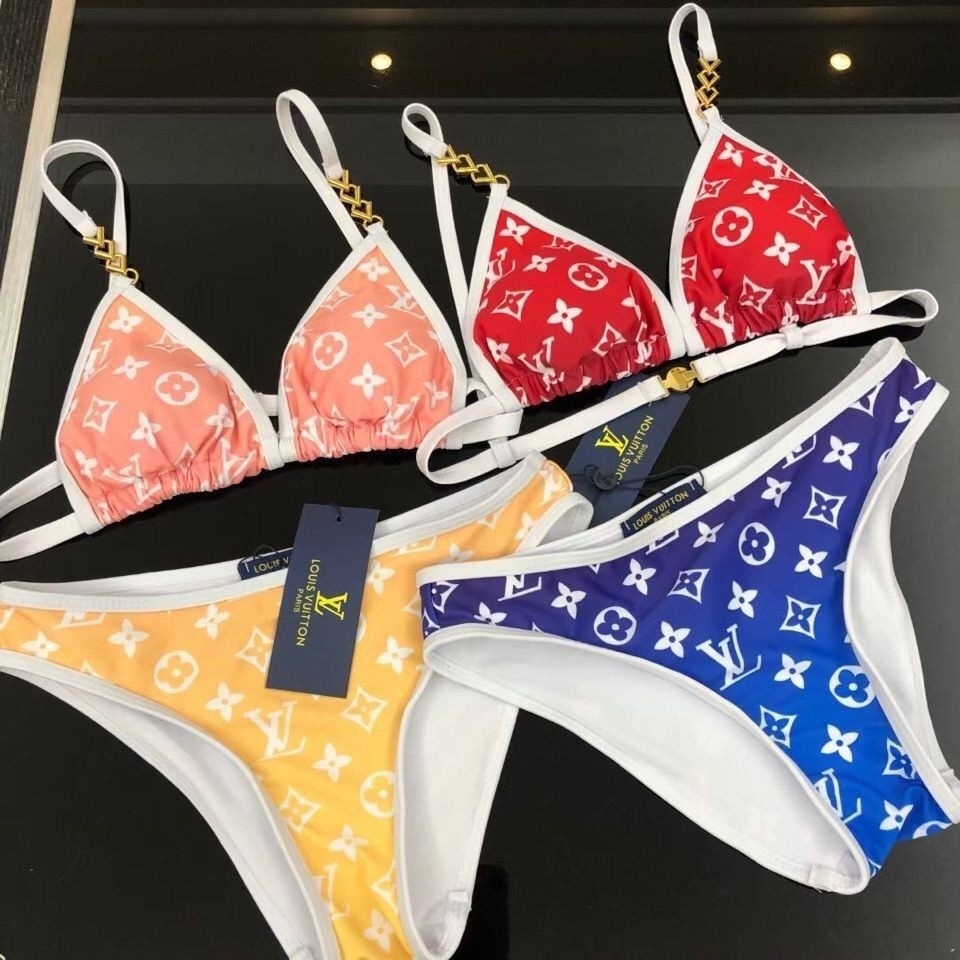 Louis Vuitton 2024ใหม่บิกินี่สีสันสดใส Halter ชุดว่ายน้ำวันหยุดชายหาดเซ็กซี่สำหรับผู้หญิง kwou ejee