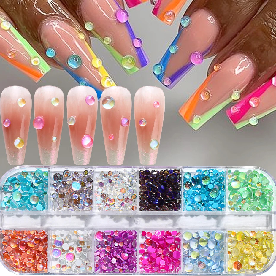 12 กริด Sparkly Mermaid รอบลูกปัดตกแต่งเล็บขนาดผสม Charm อะคริลิค Macaron Bubble เล็บเครื่องมืออุปกรณ์เสริม