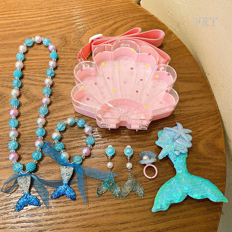 FTE 7PCS สาวชุดเครื่องประดับสําหรับเด็ก Mermaid Pearl สร้อยคอสร้อยข้อมือแหวนต่างหูชุดเด็กของเล่นเด็ก