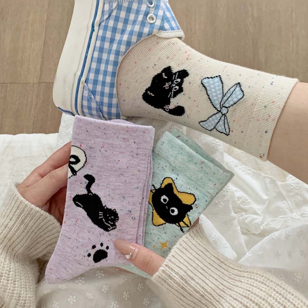 Dot Yarn Cartoon Middle Tube หญิงเกาหลี ins Pile Bowknot ลูกแมวถุงเท้าน่ารัก