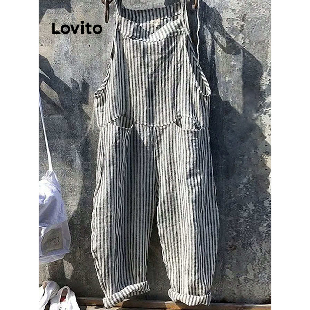 Lovito จั๊มสูทกระเป๋าลายทางลำลองสำหรับผู้หญิง LBL15450