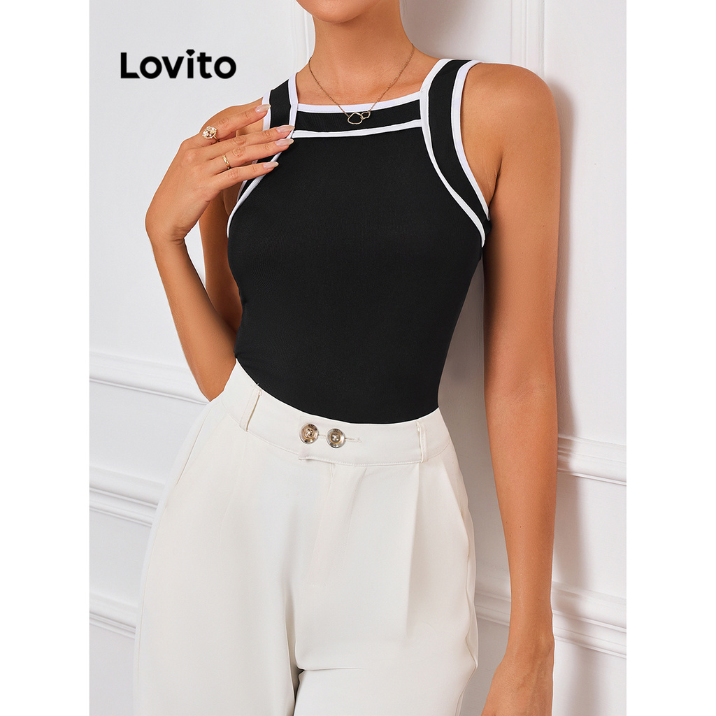 Lovito ผ้าธรรมดาเย็บซี่โครงเสื้อกล้ามสำหรับผู้หญิง LBL16178