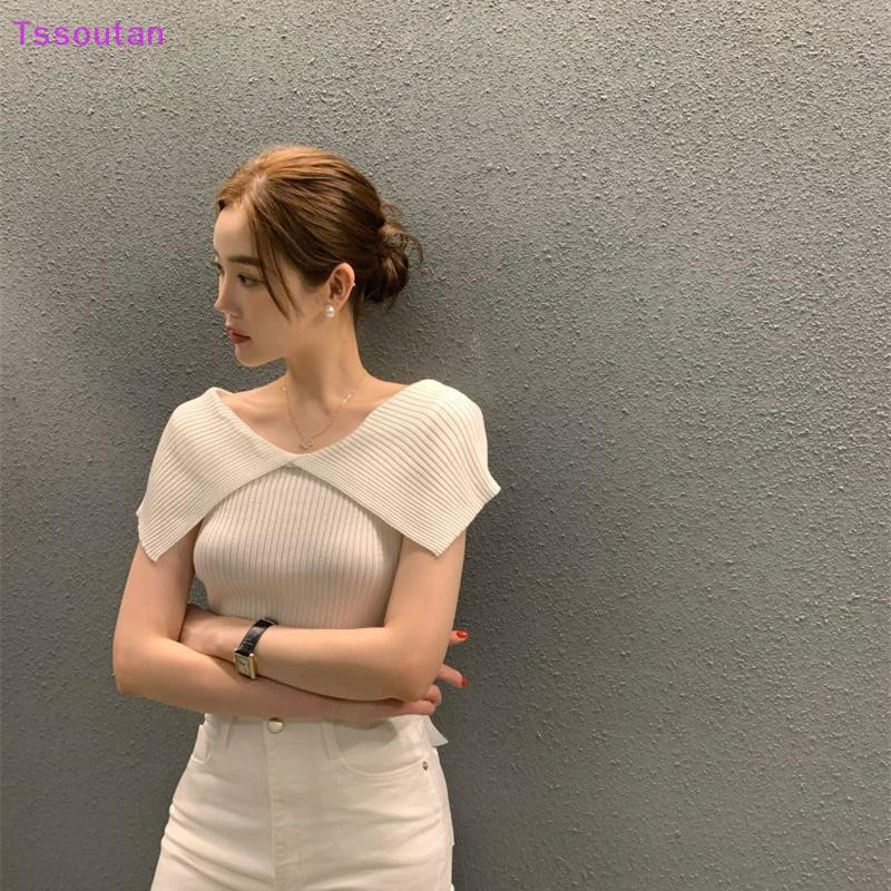 [TSST] ฤดูร้อนเกาหลีผู้หญิงสีทึบปิดไหล่lapel Elegant Slimถักเสื้อยืดTAN