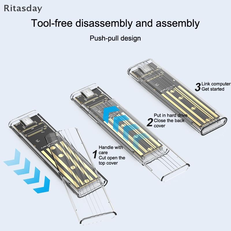 Ritasday M.2 NVME PCIe NGFF SATA Protocol Case Clear USB Type C 10Gbps PCI-E โปร่งใสฮาร์ดดิสก์ภายนอกกล่องสําหรับแล็ปท็อปโทรศัพท์ใหม่