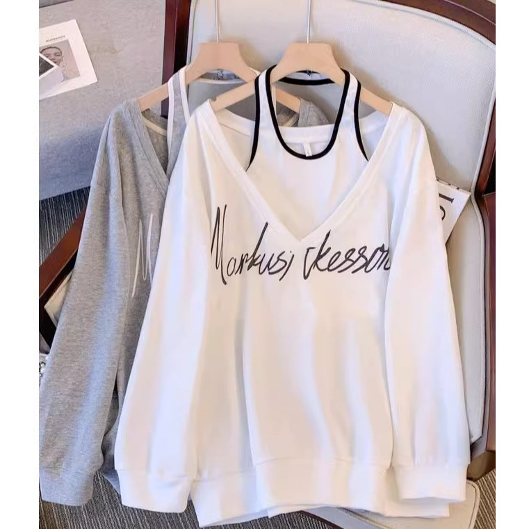 ชุดสองชิ้น(40-120กก.)Oversizeผู้หญิงเกาหลีแขนยาวVคอPullover Plusขนาดพิมพ์เสื้อกล้าม