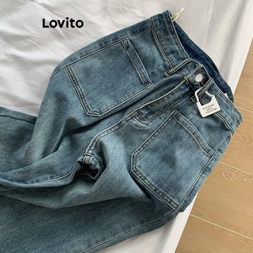 Lovito กางเกงยีนส์ผู้หญิง มีซิป มีกระเป๋า มีกระดุม สีพื้น สไตล์ลำลอง LNA34147 (สีน้ำเงิน)