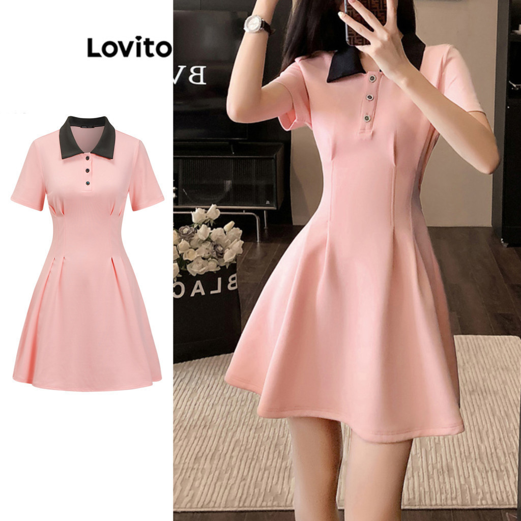 Lovito ชุดเดรสผู้หญิง สีพื้น คัลเลอร์บล็อก สไตล์น่ารัก L87ED097