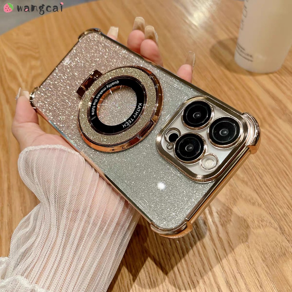 สําหรับ Vivo Y300 Pro Y200 Y28 4G Y53s V29e V29 Lite 5G T2 iQOO Z7 Pro Z5x เคสโทรศัพท์แม่เหล็ก Attraction ผู้ถือขาตั้งสีทองเงา Shining นุ่มปลอกกรณีปกหลัง
