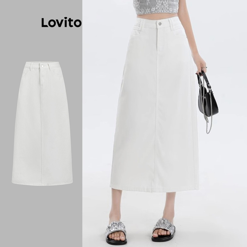 Lovito กระโปรงยีนส์กระดุมธรรมดาสบาย ๆ สำหรับผู้หญิง L104ED182