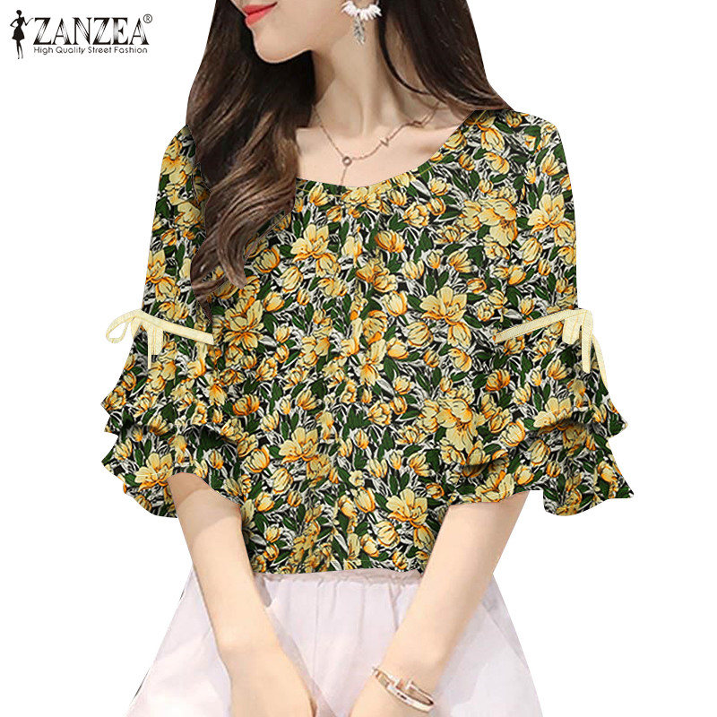 ZANZEA ใส่ ซานเซีย ผู้หญิงแฟชั่นเกาหลีพิมพ์ดอกไม้รอบคอนัวเนียตกแต่งลูกไม้ขึ้นเสื้อ