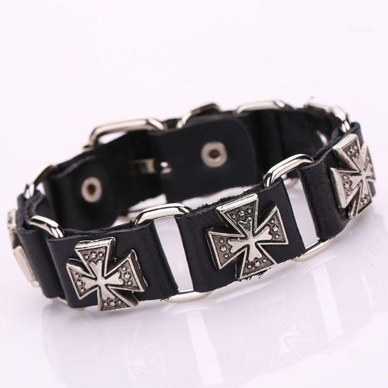 San* สร้อยข้อมือสายหนังแบบปรับได้ Punk สําหรับผู้ชายโลหะสําหรับกําไลข้อมือข้อมือไขว้ Wristba