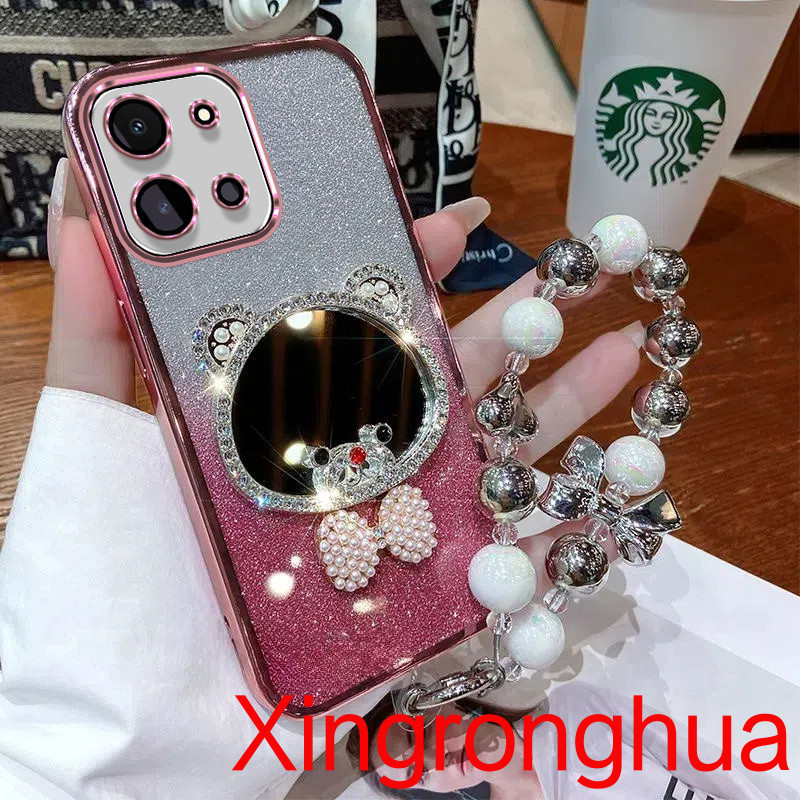 ปลอกเคสโทรศัพท์ Vivo Y28 4G Y18 Y03 Y17S Y16 Y15S Y01 Y22 Y22S Y02A Y02T กรณีหรูหราเพชรหมีเครื่องสําอางแต่งหน้ากระจกนุ่มพร้อมเชือกเส้นเล็กฝาครอบโทรศัพท์สําหรับสาว