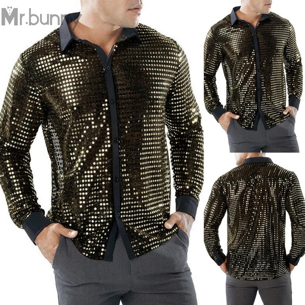 MRBUNNY#Vintage Style Sequins Men's Retro 70s Disco Nightclub Party Dance Shirt