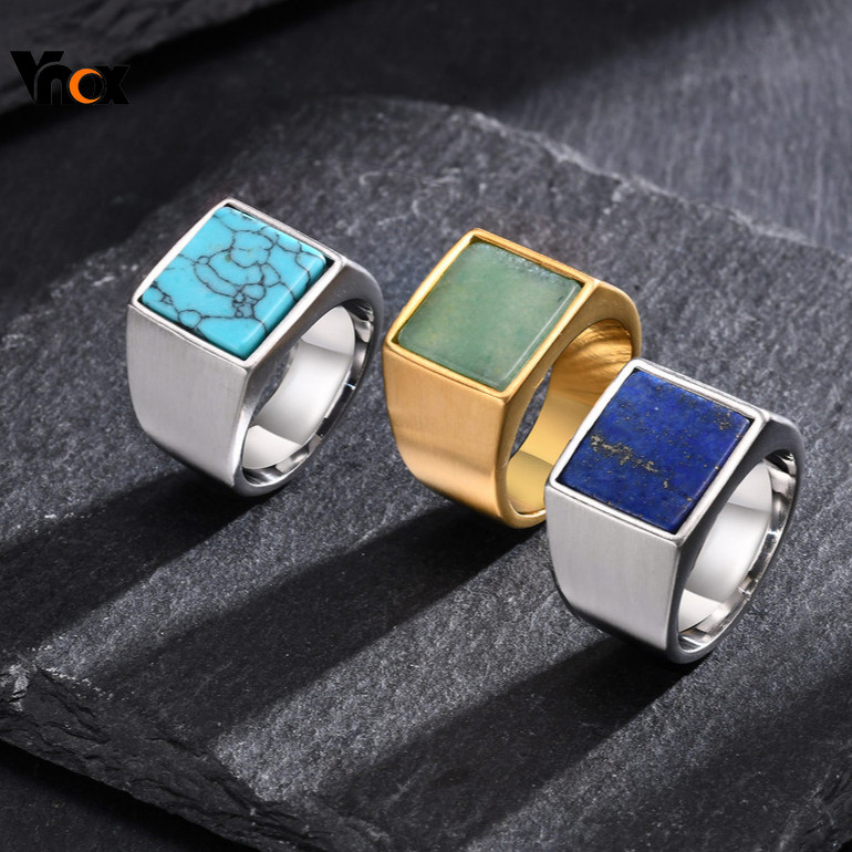 Vnox Signet แหวนหินธรรมชาติแหวนสําหรับผู้ชายผู้หญิง , Punk Geometric Square Top แหวน,หินธรรมชาติแสตมป์ Finger Band, เครื