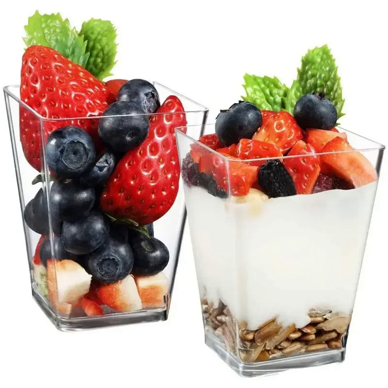 Disposable plastic mousse cups clear ladder square pudding jelly cups rigid dessert stand wood bran 