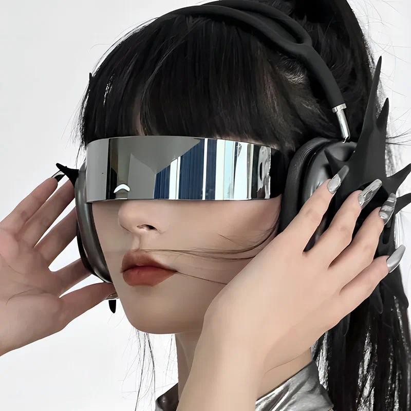 Y2k Future Warrior แว่นกันแดดไร้ขอบเลนส์ One Piece รอบ Cyber Punk Future ผู้ชายผู้หญิง Hip Hop Party Sun แว่นตา