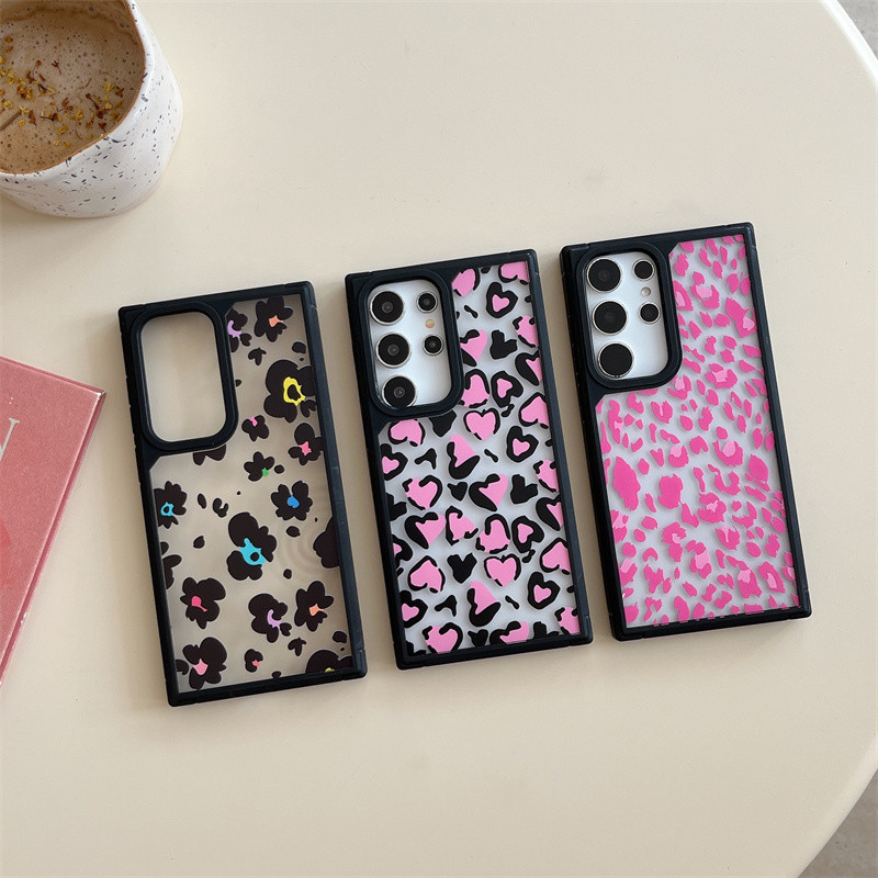 ลายเสือดาวสีชมพูสีดํา Samsung Galaxy S24 Ultra S23 FE S22 Ultra A55 กรณีขอบธุรกิจกันกระแทกฝาครอบป้องกันเลนส์