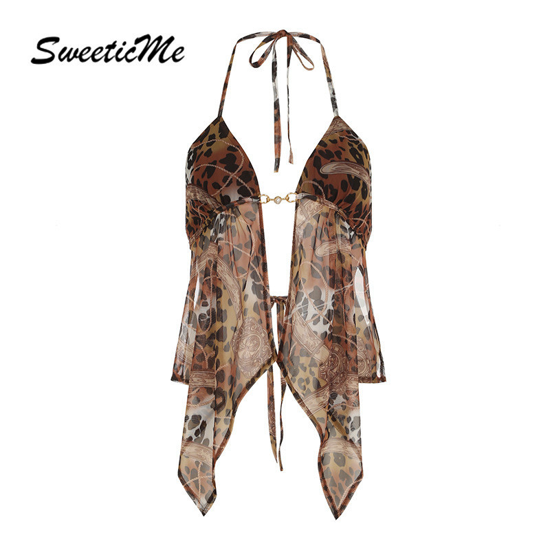 SweeticMe แฟชั่นใหม่ของผู้หญิงเซ็กซี่ตาข่ายซีทรูเสือดาวเสื้อกล้ามไม่สม่ําเสมอเสื้อชั้นในสตรี