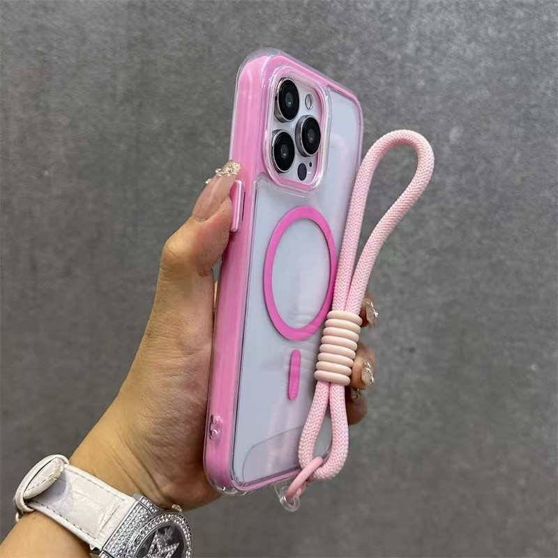 หรูหราสีทึบโปร่งใสแม่เหล็กถุงลมนิรภัยป้องกันเคสโทรศัพท์สําหรับ ไอโฟน 16 บวก 15 มือโปร สูงสุด 14 13 12 11 16 มือโปร สูงสุด ปลอกกับสร้อยข้อมือกันกระแทกฮาร์ดปกหลัง ไอโฟน