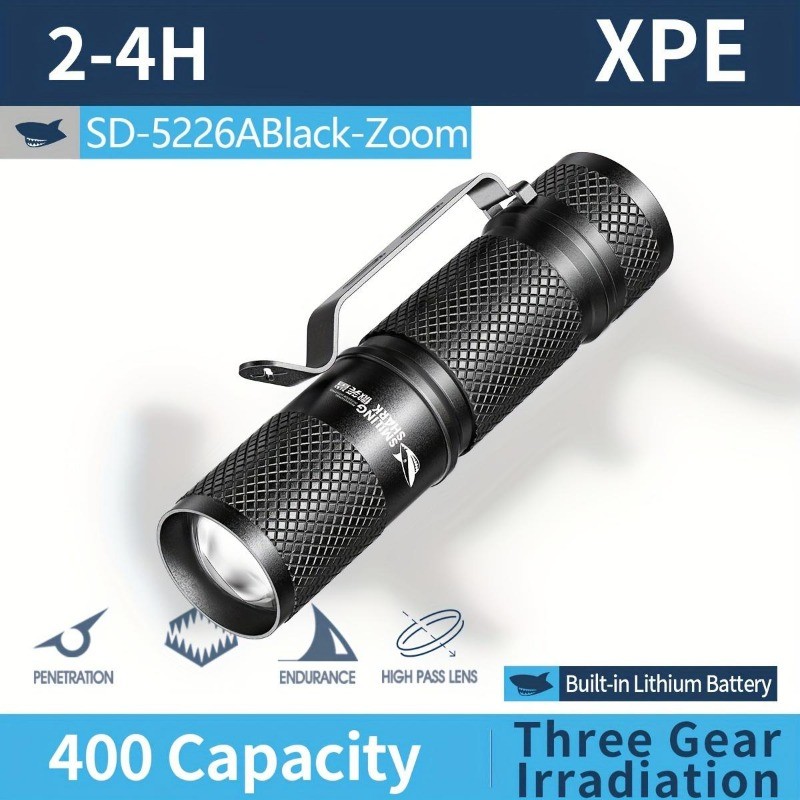 Smiling Shark ไฟฉาย Led แบบชาร์จไฟได้, ไฟไฟฉาย Led แบบพกพา Super Bright Pocket Zoomable Torchlight พร้อมคลิปปากกาสําหรับการตั้งแคมป์กลางแจ้งเดินป่าฉุกเฉิน