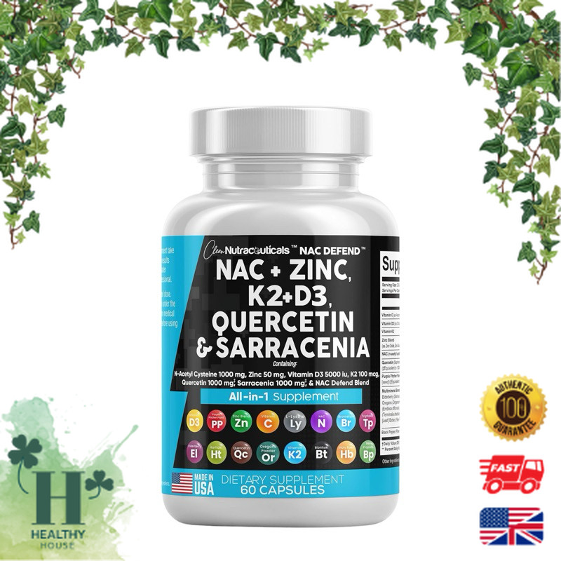พร้อมส่ง Clean Nutraceuticals NAC Supplement N-Acetyl Cysteine 1000mg Vitamin D3 K2 Zinc Quercetin