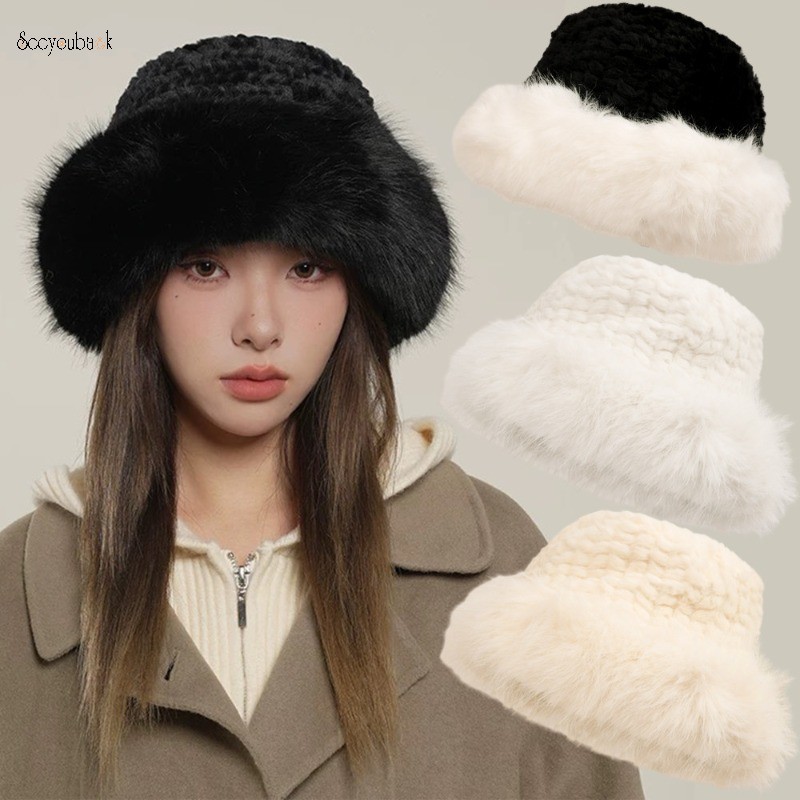 ฤดูหนาวfaux Fur Fluffyหมวกสําหรับผู้หญิงสาวอุ่นPlush Thickenนุ่มปานามาหมวกกลางแจ้งป้องกันหูหมวกชาวประมง