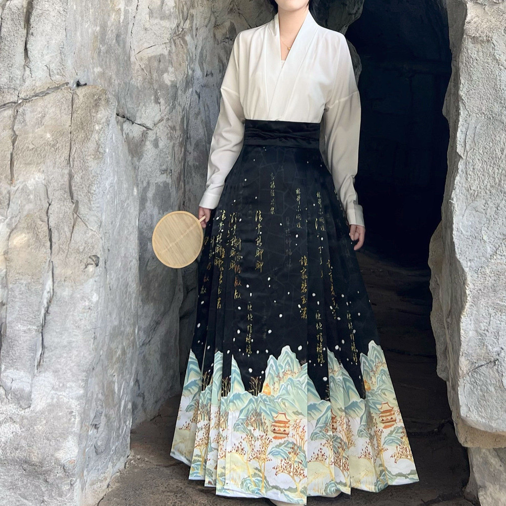 ต้นฉบับทําในทิเบต ชิงหมิง การพิมพ์ปรับปรุงแขนเครื่องบินสไตล์จีนกระโปรงหน้าม้า ฮันฟู หญิงพร็อพทุกวัน 10.18