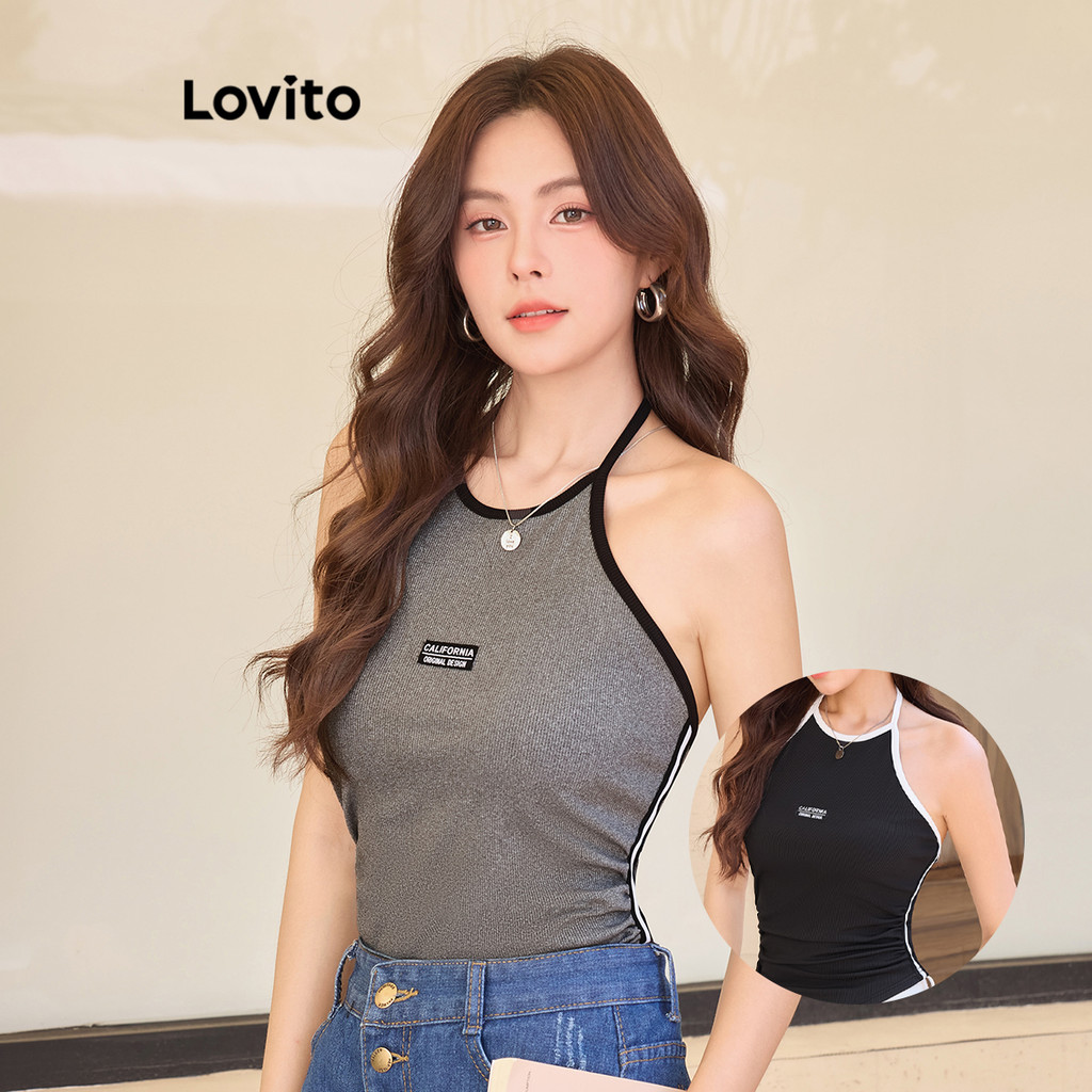 Lovito เสื้อกล้ามรูดจีบลายเรียบๆ สำหรับผู้หญิง L104ED027