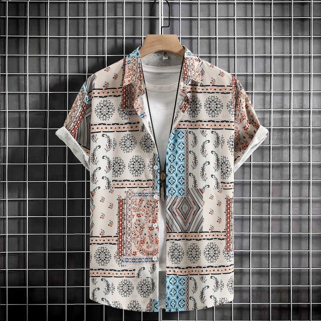 2025ใหม่ผู้ชายวินเทจ Boho สาเหตุหลวมแขนสั้นปุ่มเสื้อดอกไม้ขนาดบวกย้อนยุคชาติพันธุ์พิมพ์เสื้อโปโล