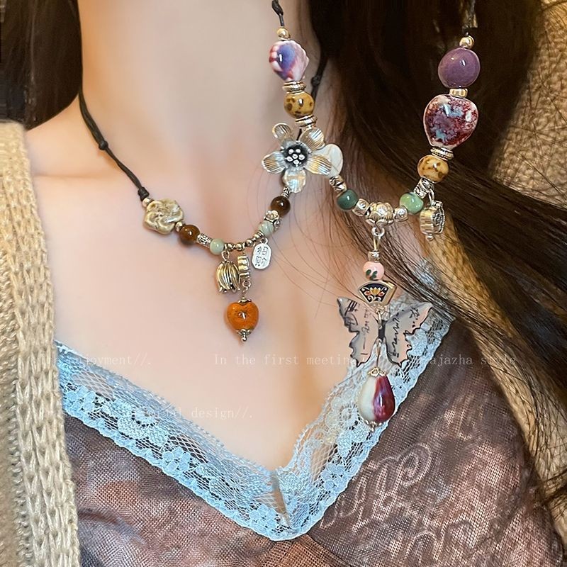 หูฤดูใบไม้ร่วง~ใหม่สไตล์จีนรักลูกปัดเซรามิกสร้อยคอหญิงย้อนยุคเชือกถักอุปกรณ์เสริมสไตล์ชาติพันธุ์เซนโซ่กระดูกไหปลาร้า10.18