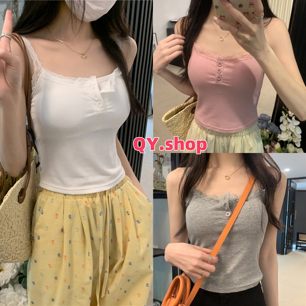 QY.Shop⭐️สินค้าราคาพิเศษ⭐️พร้อมส่ง เสื้อสายเดี่ยวไหมพรม มีฟองน้ำ ดีเทลคอลูกไม้  "FY9062" -H