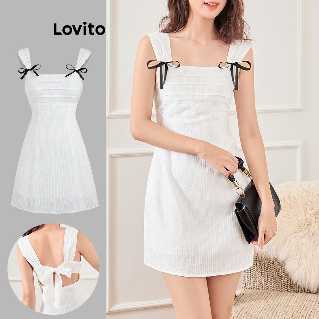 Lovito ชุดเดรสผ้าพื้นผิวโบว์ธรรมดาแบบสบาย ๆ สำหรับผู้หญิง L106AD417