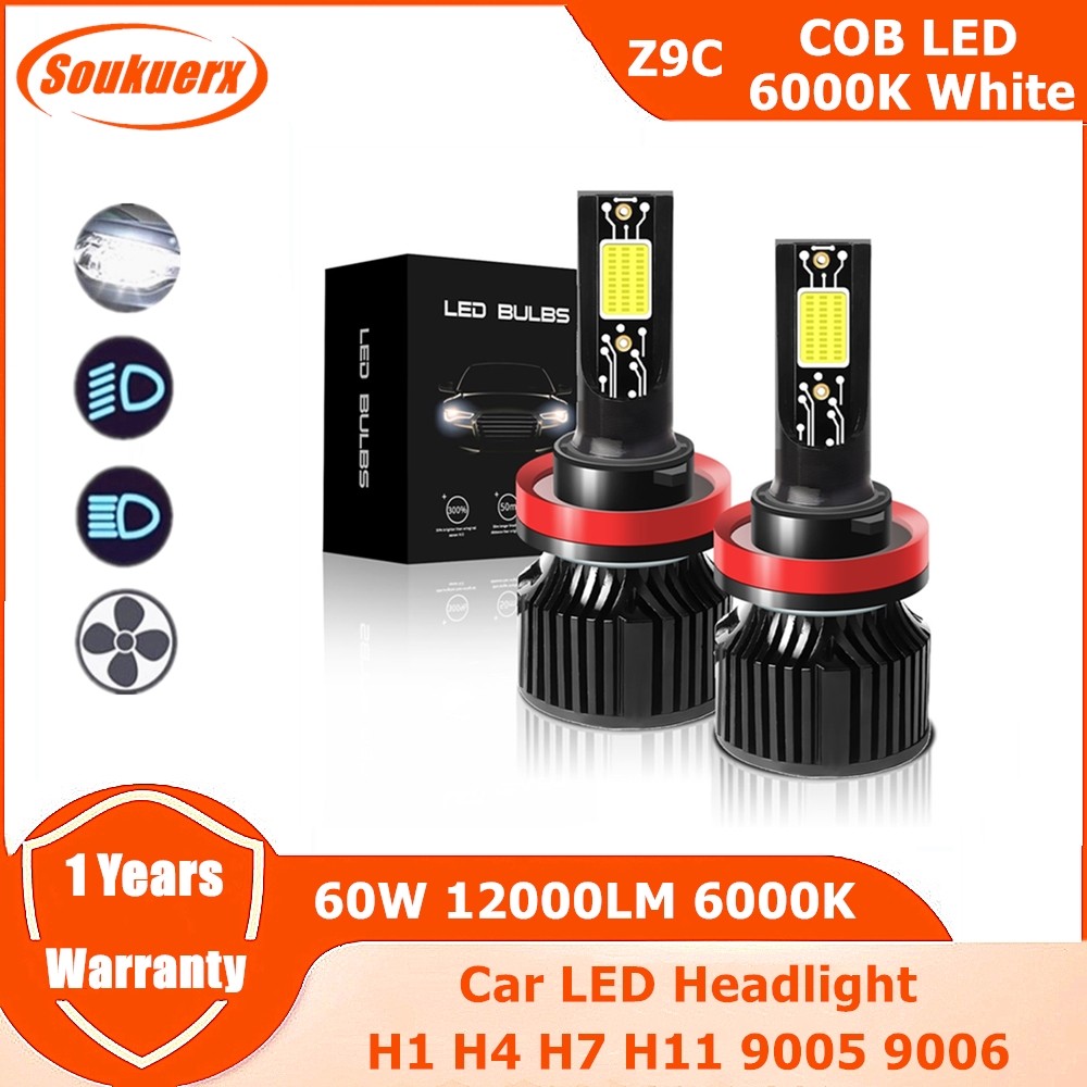 1 คู่ Z9C H11 หลอดไฟ LED H4 Hi-Lo Beam ไฟรถ H7 60W 12000LM 6000K COB LED 9005/HB3 9006/HB4 12V ไฟหน้