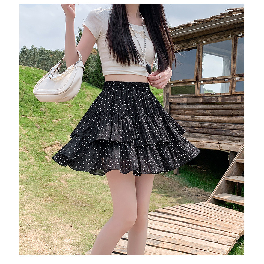 GHAOHES กระโปรงสั้นทรงเอ-ไลน์เอวสูง กระโปรงทรงเค้กลายจุดสามสี น่ารักสไตล์เกาหลี2033 - รูปที่ 7
