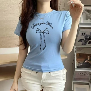 G01-09 เสื้อยืดสีดำแขนสั้นพิมพ์ลายโบว์ดำ สุดน่ารัก แนวเกาหลี หลายไซส์ ผ้านิ่มสวมใส่สบาย ใส่ได้ทุกโอกาส ราคาถูก