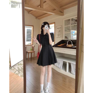 【S-5XL】 มินิเดรส คอปกเชิ้ต โปโล แขนสั้นพัฟ กระดุมหน้า กระโปรงทรงเอ สไตล์หวานสุภาพ ลุคนักเรียนเกาหลี
