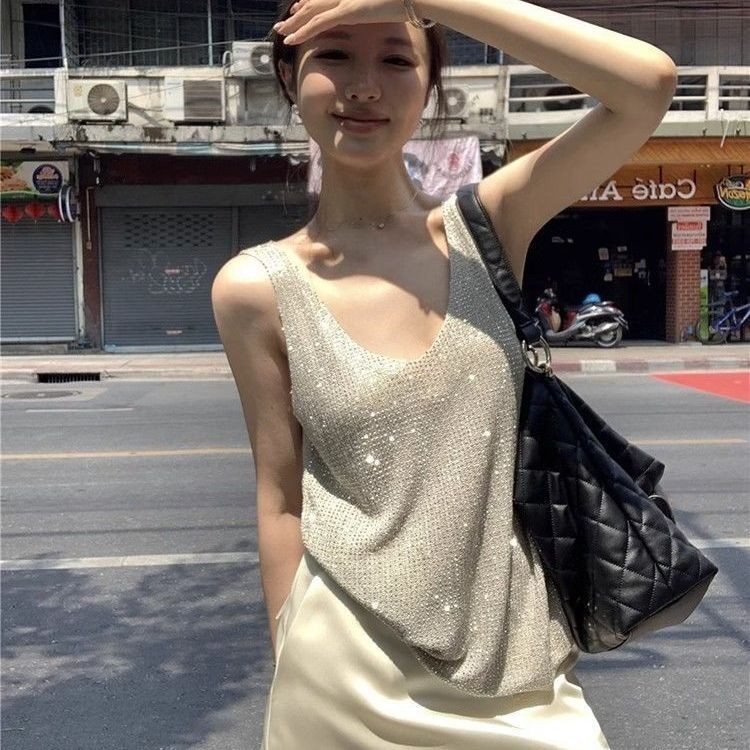 สลิงผู้หญิงเพชรคอวีถักสไตล์ใหม่เก๋หลวมแฟชั่น
