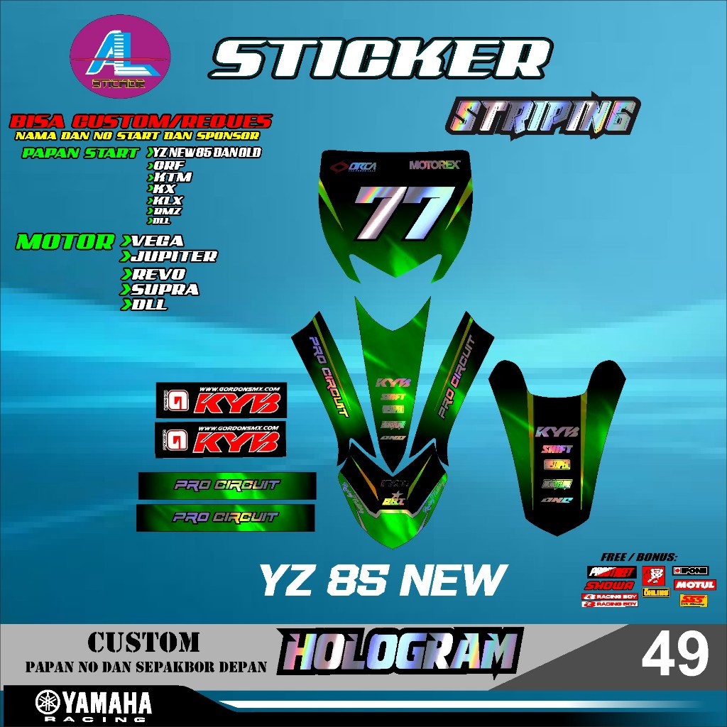 HOLOGRAM DECAL STICKER START NUMBER PLATE + FRONT FENDER YZ NEW 85 CRF KLX 150 KLX BF KLX GORDON DTR