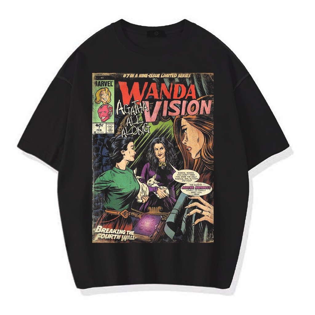 ขนาดใหญ่ Marvel Wanda Vision Agasha ALL ALONG เสื้อยืด Retro สีเทาเข้มคลาสสิกการพิมพ์สาย Marvel แฟนต้องมีขนาดเต็มพร้อมสต็อกผมตรง