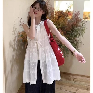 Mimi&didi#ชุดเสื้อกั๊กปกปิด เนคไทฝรั่งเศส เดรสทรงหลวม คอกลม แขนกุด เหมาะสำหรับฤดูใบไม้ผลิ หวานและเผ็ดสำหรับผู้หญิง#99109