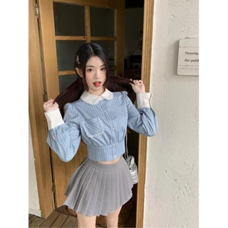 Chili Koko เสื้อเชิ้ตลายทางสีฟ้าฝรั่งเศส เสื้อแขนยาวคอตุ๊กตาเอวสั้นสำหรับสาวตัวเล็ก 99111