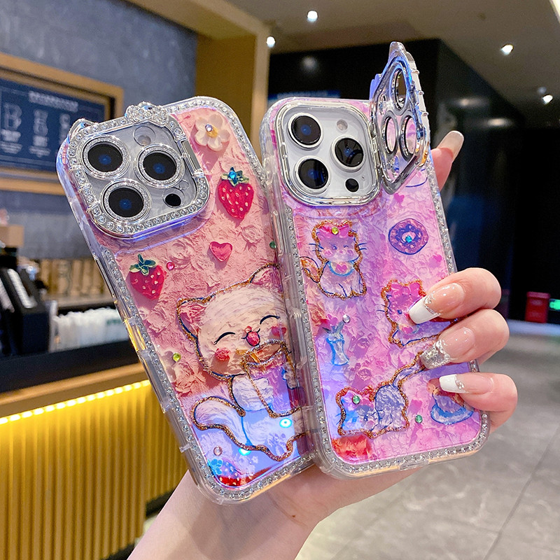 วงเล็บแฟลชแมวกรอบเคสโทรศัพท์สําหรับ ไอโฟน 17 15 16 14 13 มือโปร สูงสุด เลนส์ฟิล์มภาพวาดสีน้ํามันสตรอเบอร์รี่แมวฝาครอบป้องกัน